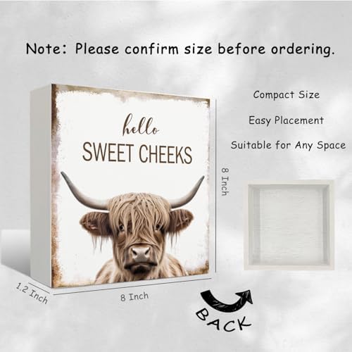 Highland Cow Bathroom Decor - Hello Sweet Cheeks Bathroom Decor, Rustic Highland Cow Western Wood Sign, 8 X 8 Inches - Image 2