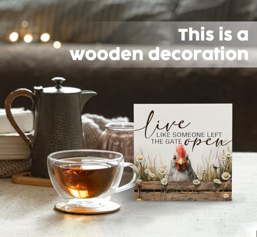 Chicken Rooster Decor Signs,Cottagecore Chicken Wooden Signs,Rustic Farmhouse Live Like Someone Left The Gate Open Wood Sign,Farm Animal Rooster Decor For Kitchen Office Badroom - Image 2