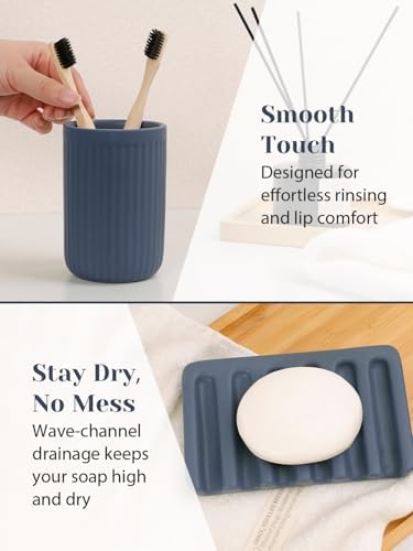 INGOFIN 4 Pcs Ceramic Bathroom Accessory Set - Liquid Soap Dispenser, Toothbrush Holder,Contain Cotton Swab Jar & Soap Dish,Countertop Accessories for Home, Guest Bathroom, Office, Matte Blue - Image 4
