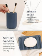 INGOFIN 4 Pcs Ceramic Bathroom Accessory Set - Liquid Soap Dispenser, Toothbrush Holder,Contain Cotton Swab Jar & Soap Dish,Countertop Accessories for Home, Guest Bathroom, Office, Matte Blue - Image 4