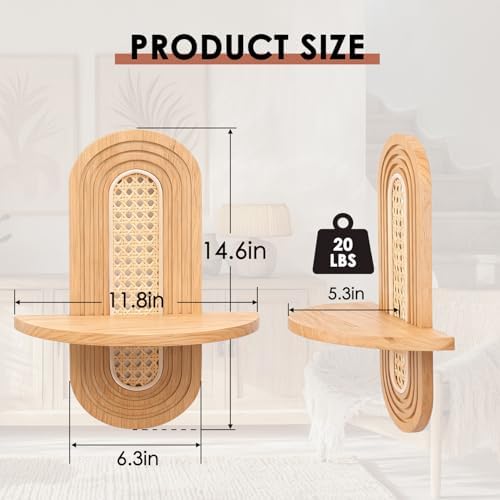 Floating Shelves for Wall, Boho Home Wall Decor,Rattan Plant Shelf Set of 2, Mid Century Small Decorative Shelf, Natural Wood Shelves for Living Room,Bedroom,House,Office (Natural) - Image 3