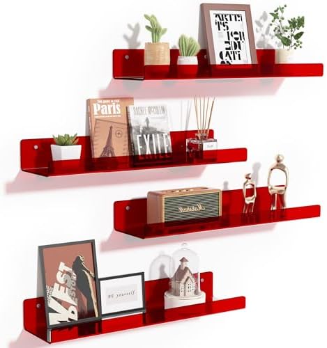 upsimples 4 Pcs 15" Acrylic Shelves for Wall Decor and Display, Red by upsimples