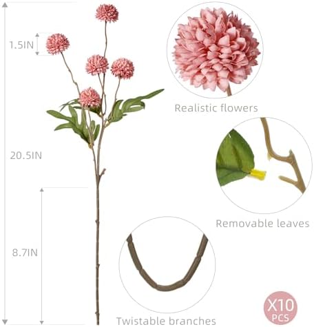 10Pcs 20.5" Artificial Pompon Mum Silk Flower Stems, Fake Chrysanthemum Ball Faux Flowers for Vase, Fall Floral Stems for Indoor Home Decor Wedding Centerpieces, Red (No Vase) - Image 3