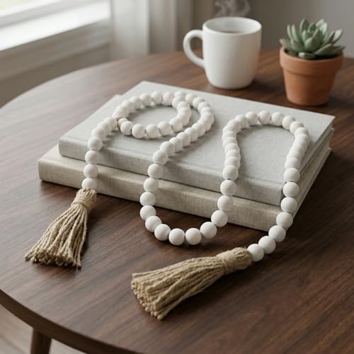 RGB World Farmhouse Beads Long Length Solid Wood Bead Boho Tassel Garland - Rustic Country Solid Beaded Boho Chic Decor for Wall, Above Cabinet & Table - Image 6