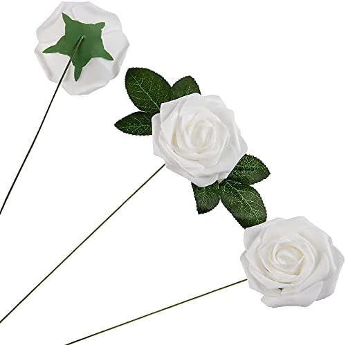 Artificial Flower Foam Rose 25pcs Real Looking Fake Rose with Stems Leaves for Home Decoration Party Garden Centerpieces DIY Wedding Bouquets（White） - Image 3
