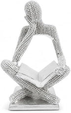 Sparkling Silver Reading Women Statue, Abstract Resin Thinker Sculptures by Neeenn