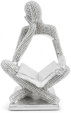 Sparkling Silver Reading Women Statue, Abstract Resin Thinker Sculptures by Neeenn