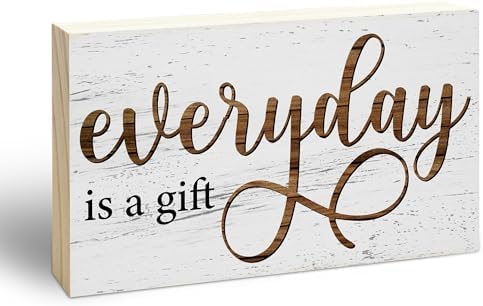 Everyday is a Gift Rustic Wooden Block Sign, 5x3 Inch Positive Inspirational Wood Plaque, Farmhouse Home Decor for Desk Tabletop Shelf, Housewarming Christmas Gift for Friends Family - A14 by EXW