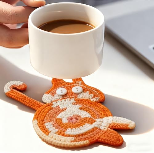 Drink Coaster, Woven Creative Coasters for Cat Lovers, Gag Gifts Cat Coffee Coaster for Desk Accessories Home Decor Tabletop Protection(Gray) - Image 4