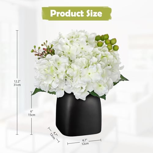 Briful Artificial White Hydrangea Arrangement, Matte Black Vase Centerpiece - Image 5