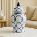 Decorative Jar with Lid Hand-Painted Pattern Stoneware Ceramic Traditional Design Home Office Bedroom Living Room Accent Decor - 14" Blue & White by NESSANDJORD