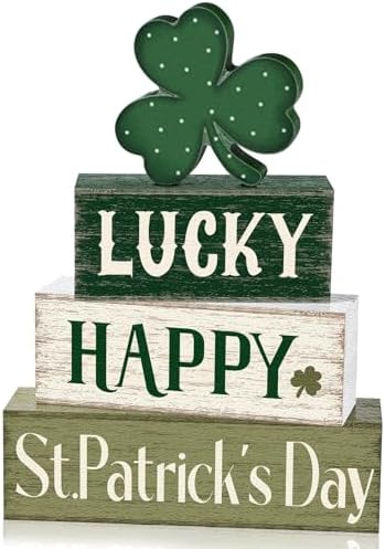 Marsui 4 Pcs St. Patrick's Day Decorations Shamrock Wooden Signs Green Irish Tabletop Centerpieces rustic Distressed Shamrock Blocks St Patricks Day Decor for Home Table Kitchen Shelf Tiered Tray by Marsui