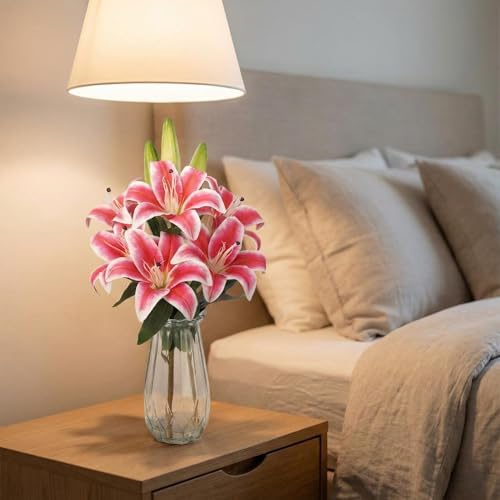 Garvee Faux Lily Flowers with Vase, 6 Heads Full Bloom Lily & 3 Buds, Long Stem Artificial Stargazer Lilies, Faux Tiger Bouquets in Glass Vase for Home Hotel Flower Arrangement Party Decor, Rose Red - Image 6