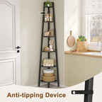 Hoctieon Corner Shelf, 6-Tier Corner Bookshelf, Rustic Ladder Shelf, Industrial Display Stand for Living Room, Kitchen, Home Office, Balcony, Small Space, Metal Frame, Black - Image 4