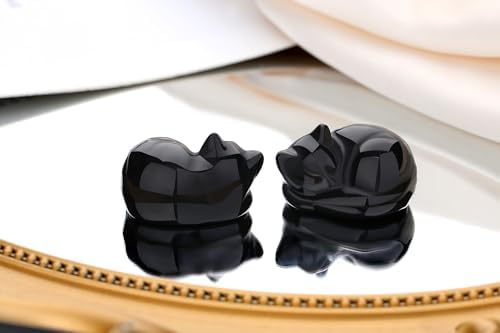 QINJIEJIE Black Obsidian Cat Decor Crystals and Healing Stones Figurine - Image 2
