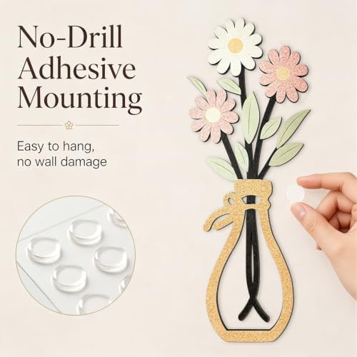 puthiac Wooden Floral Vase Wall Art Decor Set of 3, Spring Tulip & Daisy - Image 4