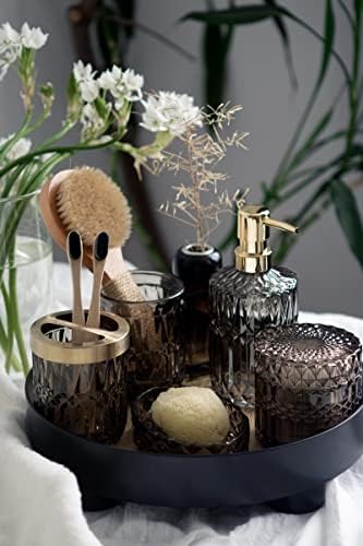 EMPO 6PCS Bathroom Clear Glass Accessories Set (Lotion Soap Dispenser, Soap Dish, Toothbrush Holder, Tumbler, Cotton Swab Jar) Contemporary Modern Decor Crystal Clear Vintage Gift (6pcs Gray) - Image 5