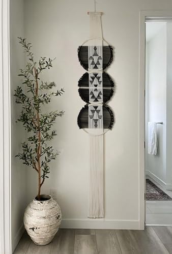 Macrame Wall Hanging Black White Modern Wall Art Geometric 11.8"W*64"L - Image 3