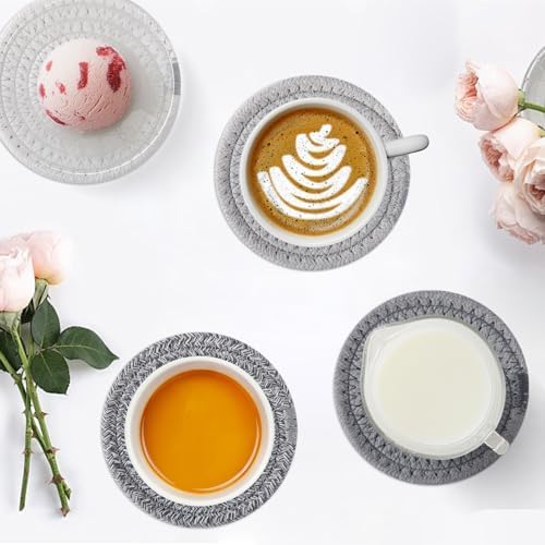 OIAHOMY 8 Pcs Coasters with Holder for Beer, Coffee, Woven Cotton Coaster Set for Table Decor for Kitchen, Bar, Dining Room, Living Room, Housewarming Gifts - Grey - Image 6