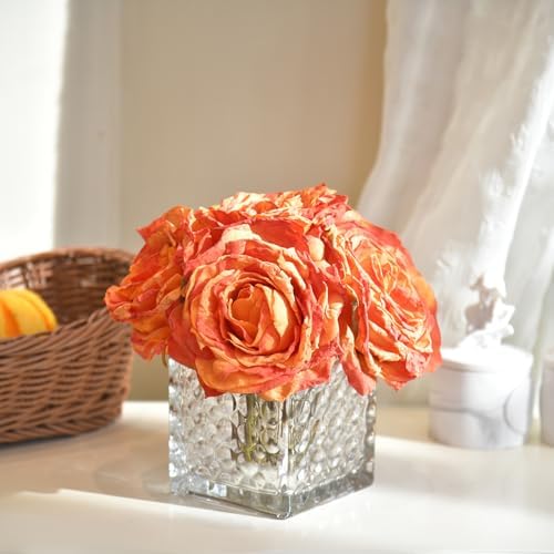 Silk Roses in Glass Vase with LED, Low Centerpiece for Table, Orange - Image 4