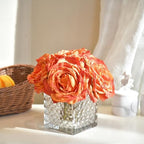 Silk Roses in Glass Vase with LED, Low Centerpiece for Table, Orange - Image 4