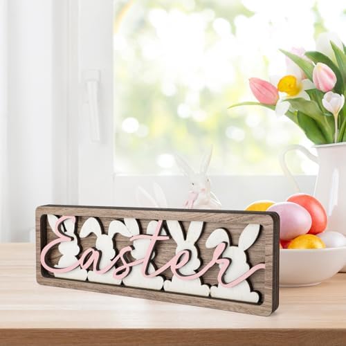 Vintage Happy Easter Decorations for Office, Home, Table, Mantel, Shelf, Desk, 3 1/2 x 11 Inch Retro Bunny Sign, Wooden Spring Bunnies Decor Sign, Farmhouse Pink Decoration (Vintage Bunnies) - Image 5
