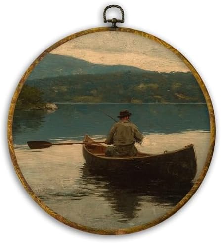 CUANFDDSF Vintage Fisherman Fishing Round Wall Art, Antique Fishing Framed Hanging Wall Decor, Rustic Farmhouse Fisherman Landscape Canvas Prints Decorations for Home Bedroom Living Room, 10x10 Inch by CUANFDDSF