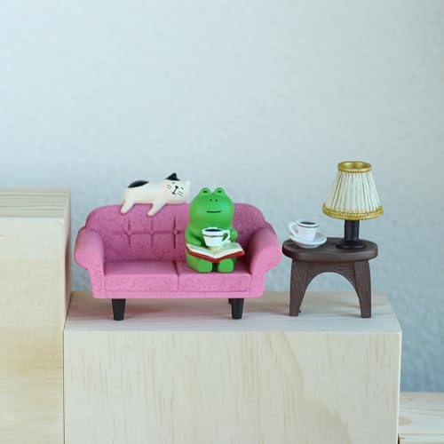 Mevodeata Cute Mini Frog Figurine with Small Sofa and Lamp Table Resin Figure for Office Home Decor for Frog Lovers (Pink Sofa) - Image 4