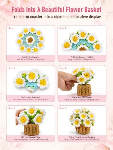 Crochet Flower Bouquet Coasters, Cotton Daisy Gift for Home Decor 2Pcs - Image 3