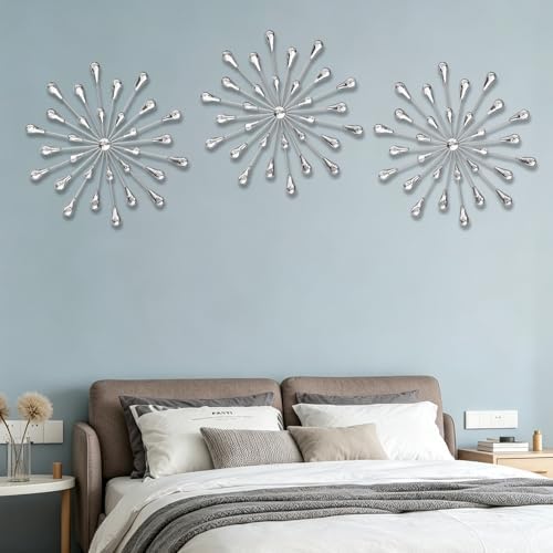 DXYAKY Set of 3 Silver Starburst Metal Wall Art Decor, 11.8 Inch Sparkling Diamond Star Jeweled Teardrop, Elegant Rhinestone Crystal Home Decor Accents, Living Room Bedroom Decorative Wall Sculpture - Image 2