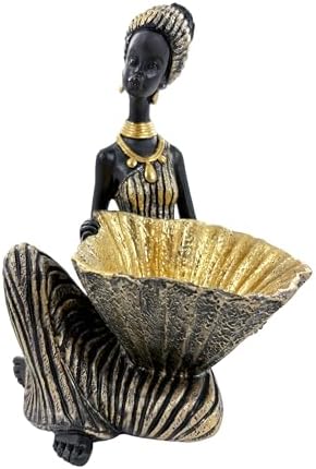 Lescafita African Lady Decorative Bowl Statue Black Gold Figurine by LESCAFITA