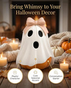 GoGnome Halloween Ghost Pumpkin Figurine, Cute Resin Ghost Decoration with Pink Bow for Fall Tabletop Home Decor (White Ghost Pumpkin) - Image 4