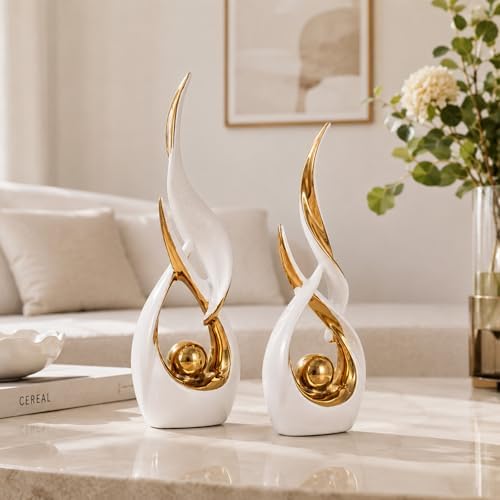 2 PCS White Gold Ceramic Statues For Home Decor Accents, Modern Abstract Art Sculptures, Elegant Tabletop Decorative Objects For Dining Room, Entryway, Tv Stand, Mantel, Coffee Table Centerpieces - Image 4