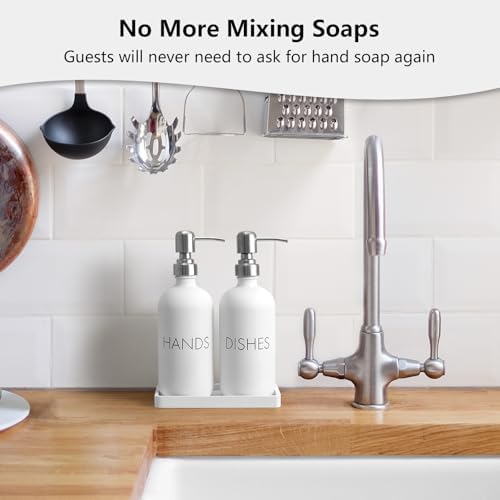 White Dish and Hand Soap Dispenser Set - Glass Kitchen Soap Dispenser with Tray and Stainless Steel Pump - for White Kitchen Decor and Accessories - Image 3