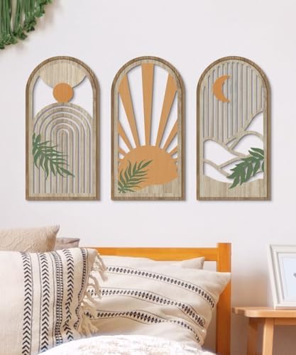 Putuo Decor Boho Plant Wall Art, Wood Modern Minimalist Wall Decor, Abstract Sun Inspired Room Decorations 16x8 In Mid Century Artwork for Living Room Bedroom Office in Sunrise Earthtone Set of 3 - Image 5