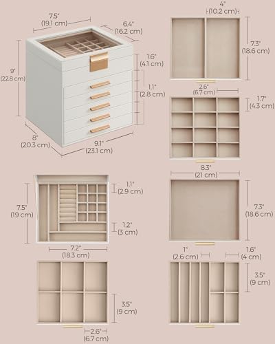 SONGMICS Jewelry Box Organizer, 6-Layer Storage with 5 Drawers, Glass Lid - Image 5