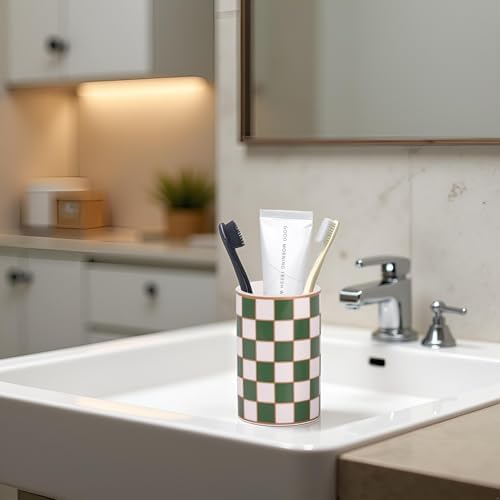 Checkered Bathroom Toothbrush Holder, Bathroom Black and White Ceramic Toothbrush Holder, Modern Toothbrush Box, Used for Bathroom countertop Storage Rack, Checkered Bathroom Decoration (Green) - Image 3