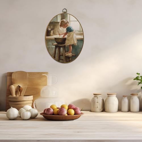 CUANFDDSF Vintage Rustic Kitchen Oval Wall Art Decor, Rustic Farmhouse Wall Hanging Decor, Cozy Cottagecore French Kitchen Little Girl Cooking Framed Canvas Prints for Dining Room Home, 8.6x11.4 Inch - Image 5