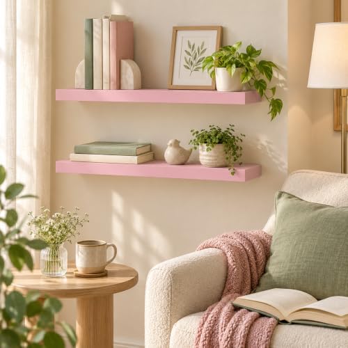 BAYKA Pink Floating Shelves 22.5in, Set of 2, Wall Mounted for Wall Decor - Image 3