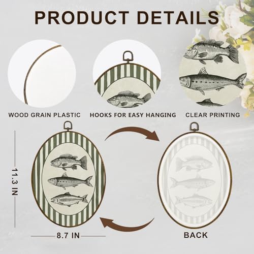 dvhdajed Vintage Fishing Hunting Oval Wall Art Decor, Wood land Cabin Lake Fish Framed Canvas Art, Farmhouse Fish Decorations, Rustic Green Striped Wall Hanging Decor for Boys Room Bedroom, 8.7x11.3 - Image 7