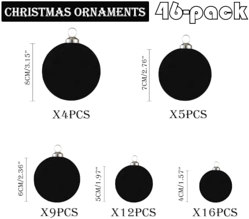 46Pcs Velvet Christmas Ball Ornaments Set - Flocked Shatterproof Christmas Tree Decorations Classic Hanging Ornaments with Rope for Xmas Wreath Holiday Home Decor (Multi-Size, Black) - Image 2