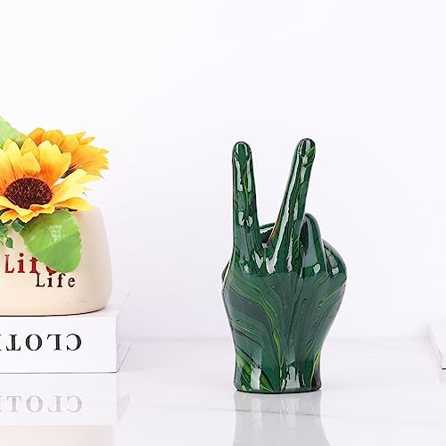 LCCCK Emerald Green Home Decor Peace Symbol Statue, Creative Hand Gesture Peace Sign Decor, Emerald Green Fingers Sculpture for Living Room Bedroom Coffee Table, Desktop, Bookshelf - Image 4