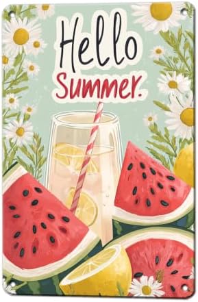 Hello Summer Vintage Tin Sign Watermelon Summer Decor Funny Wall Decor for Home Cafes Office Club 12x8 Inch by KIYOYOHomeIsOurHappyPlace