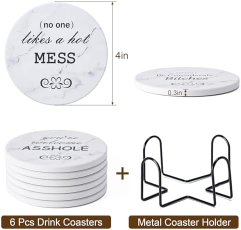 6Pcs Absorbent Coasters Set with Holder,Ceramic Drink Coaster,4 in（A10） - Image 2