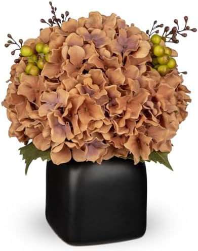 Briful Artificial Fall Hydrangea Arrangement, Matte Black Vase Centerpiece by Briful