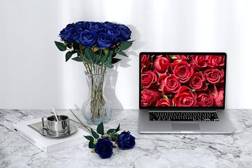 SITUMEIZI 15PCS Blue Artificial Roses Silk Flowers Fake Roses Realistic Bouquet Long Stem with Gift Box for Mother's Gift Day Home Party Wedding Decorations - Image 4