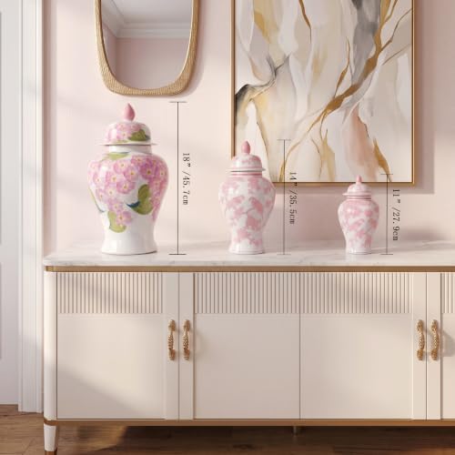 14″ Pink Ginger Jar with Lid Porcelain Stylized Songbirds Floral Temple Jar - Image 3