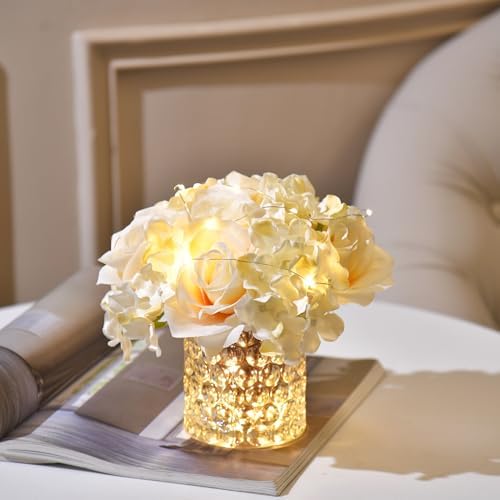 Rose Silk Flower Arrangement Artificial Vivid Rose in Glass Vase with LED Light Elegant Centerpiece for Home Wedding Bathroom Table Shelf Decoration (Champagne) - Image 2