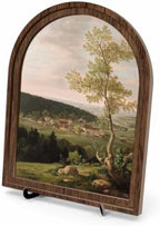 Rustic Farmhouse Tabletop Decor Sign, Arched Wooden Frame Countryside Village Landscape Artwork for Living Room Dining Room Bedroom, Charming Gift Idea by Unknown