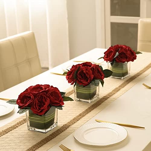 Artificial Peony Silk Flower Centerpieces Faux Floral Arrangement in Glass Vase for Home Wedding Table Decoration (Red) - Image 2